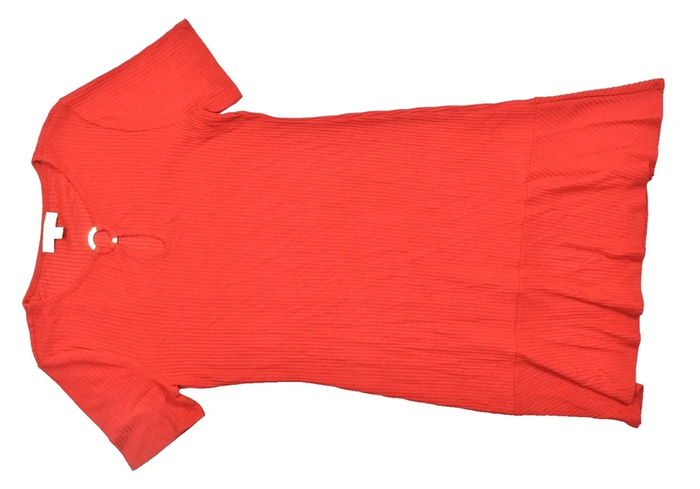 Michael Kors XL Red Ribbed Knit Short Sleeve Ruffle Hem Keyhole Sheath Dress